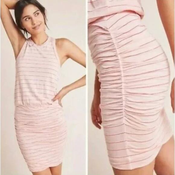 Anthropologie Sundry Tank Dress Womens Medium 2 Pink Stripe Ruched Racerback - Picture 2 of 12